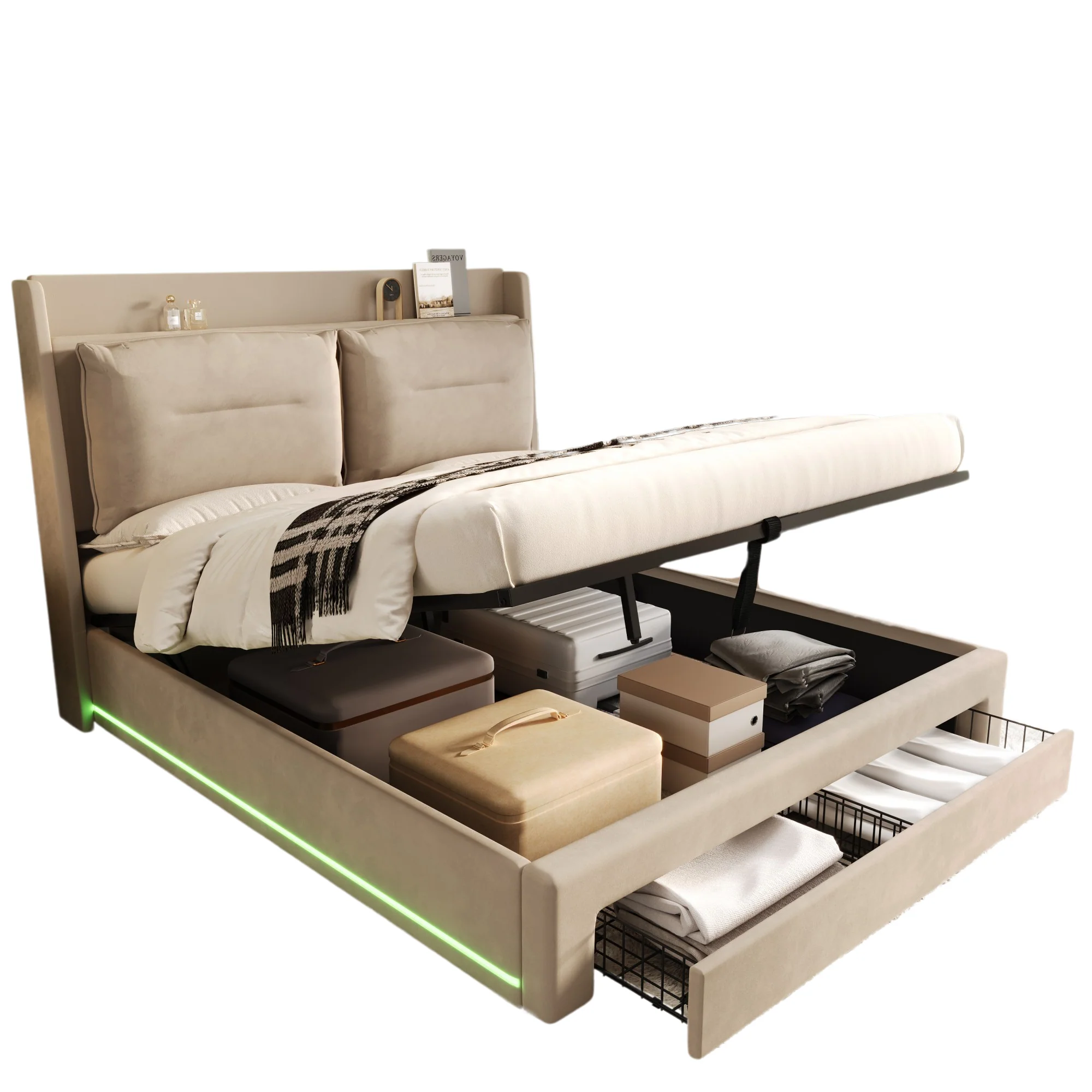 Upholstered Bed 180x200 Hydraulic Storage Drawers LED Light - Velvet Beige - Image 7