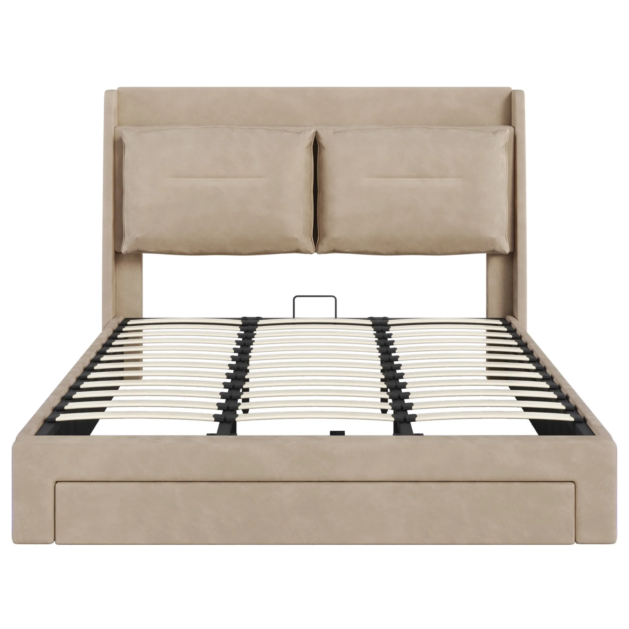 Upholstered Bed 180x200 Hydraulic Storage Drawers LED Light - Velvet Beige - Image 9