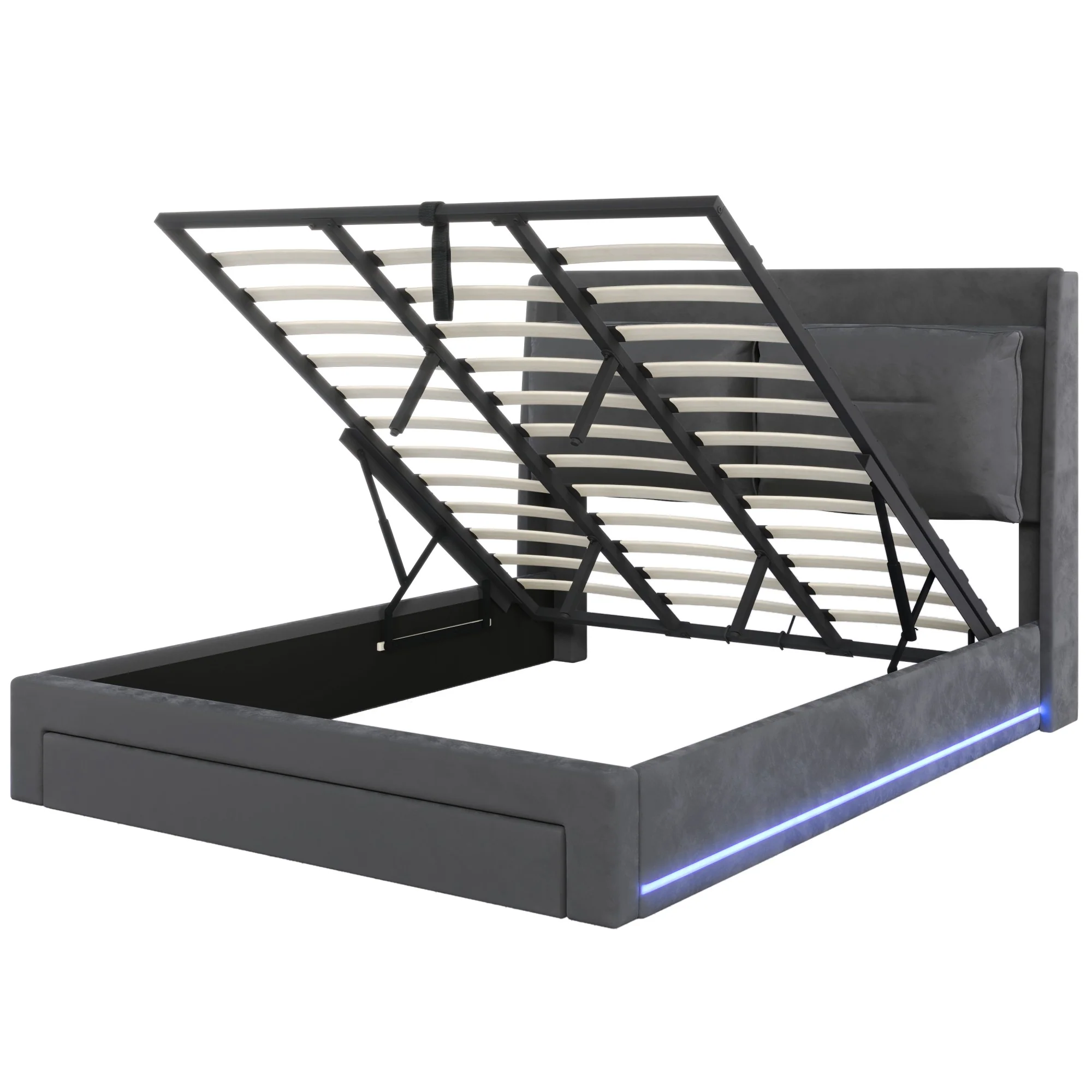 Upholstered Bed 180x200cm Hydraulic Storage LED Light Drawers - Velvet Dark Grey - Image 10