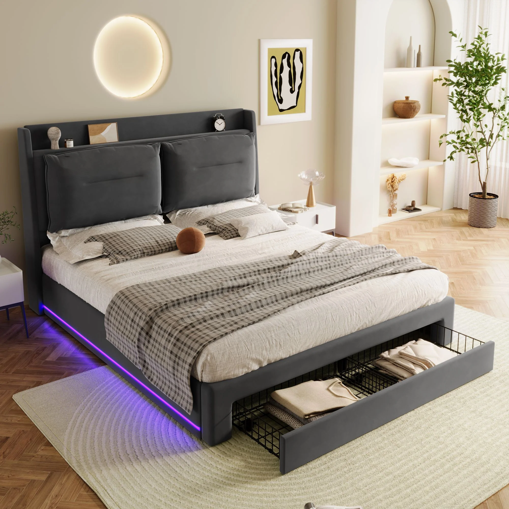 Upholstered Bed 180x200cm Hydraulic Storage LED Light Drawers - Velvet Dark Grey - Image 3