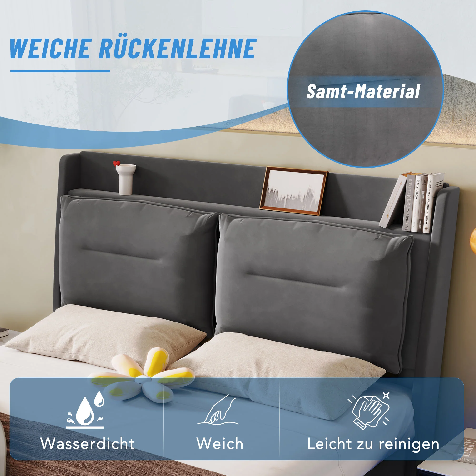 Upholstered Bed 180x200cm Hydraulic Storage LED Light Drawers - Velvet Dark Grey - Image 6