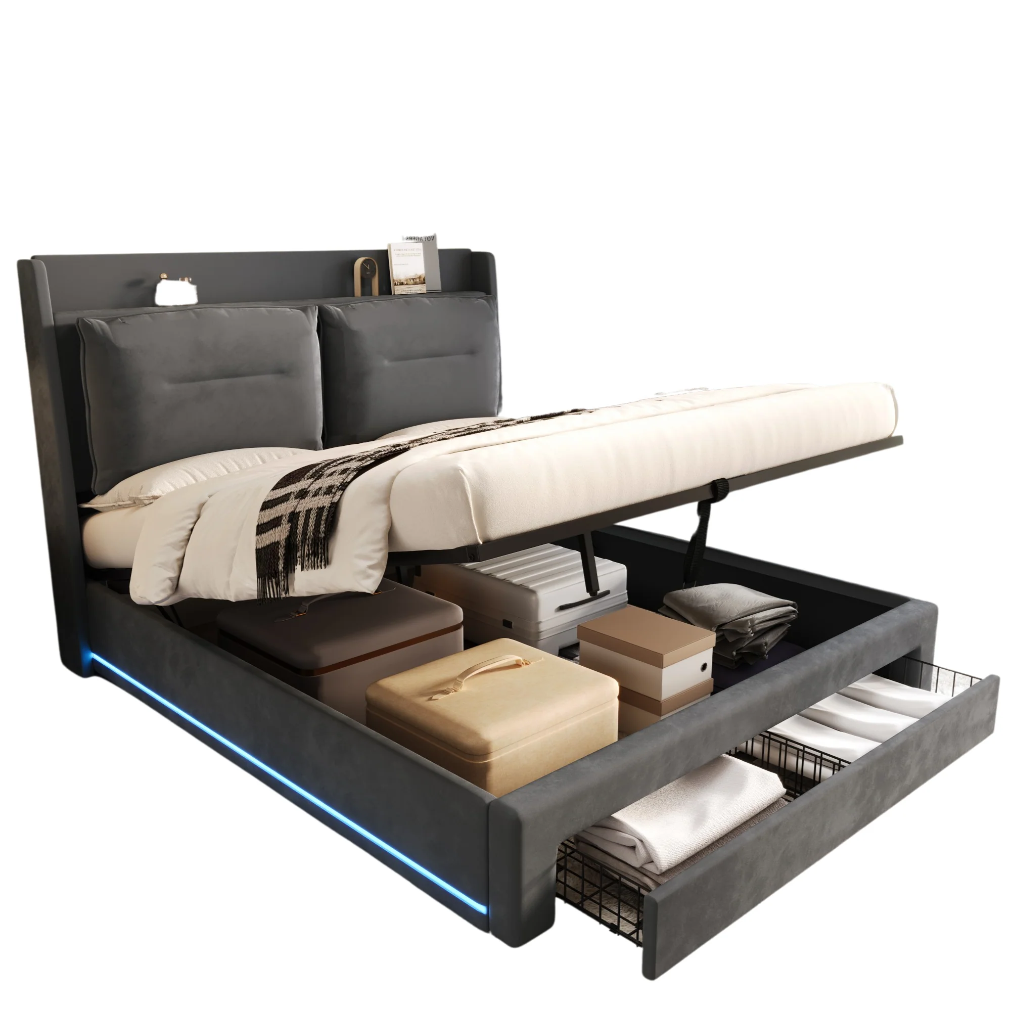 Upholstered Bed 180x200cm Hydraulic Storage LED Light Drawers - Velvet Dark Grey - Image 7