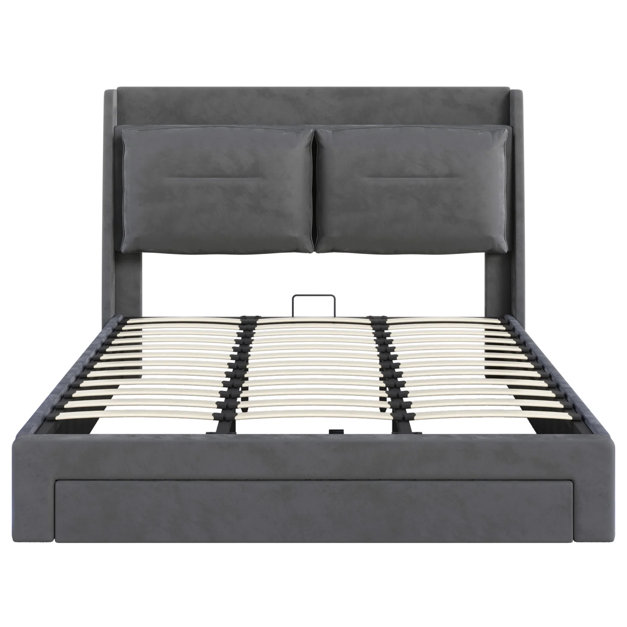 Upholstered Bed 180x200cm Hydraulic Storage LED Light Drawers - Velvet Dark Grey - Image 9