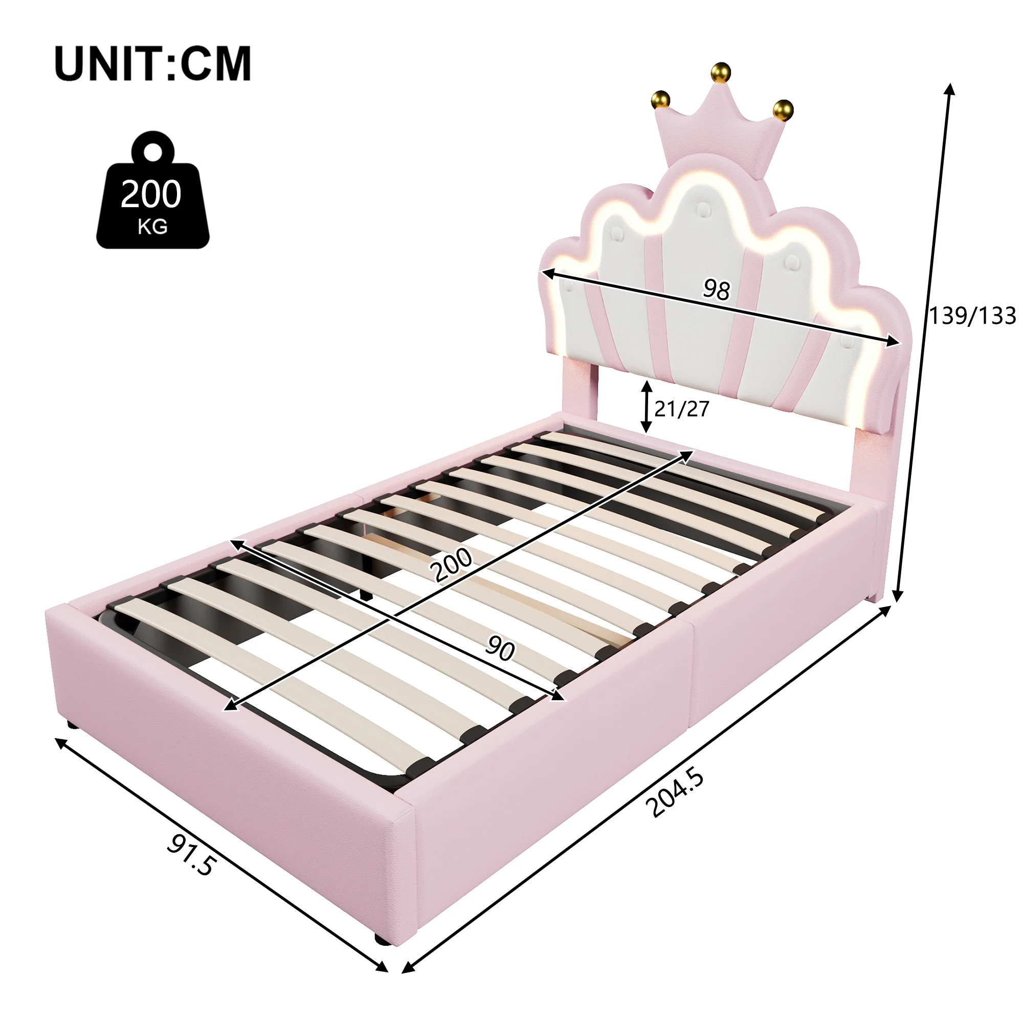 Upholstered Bed 90x200cm Hydraulic Storage LED Crown Shape Adjustable Headboard - PU Pink - Image 10