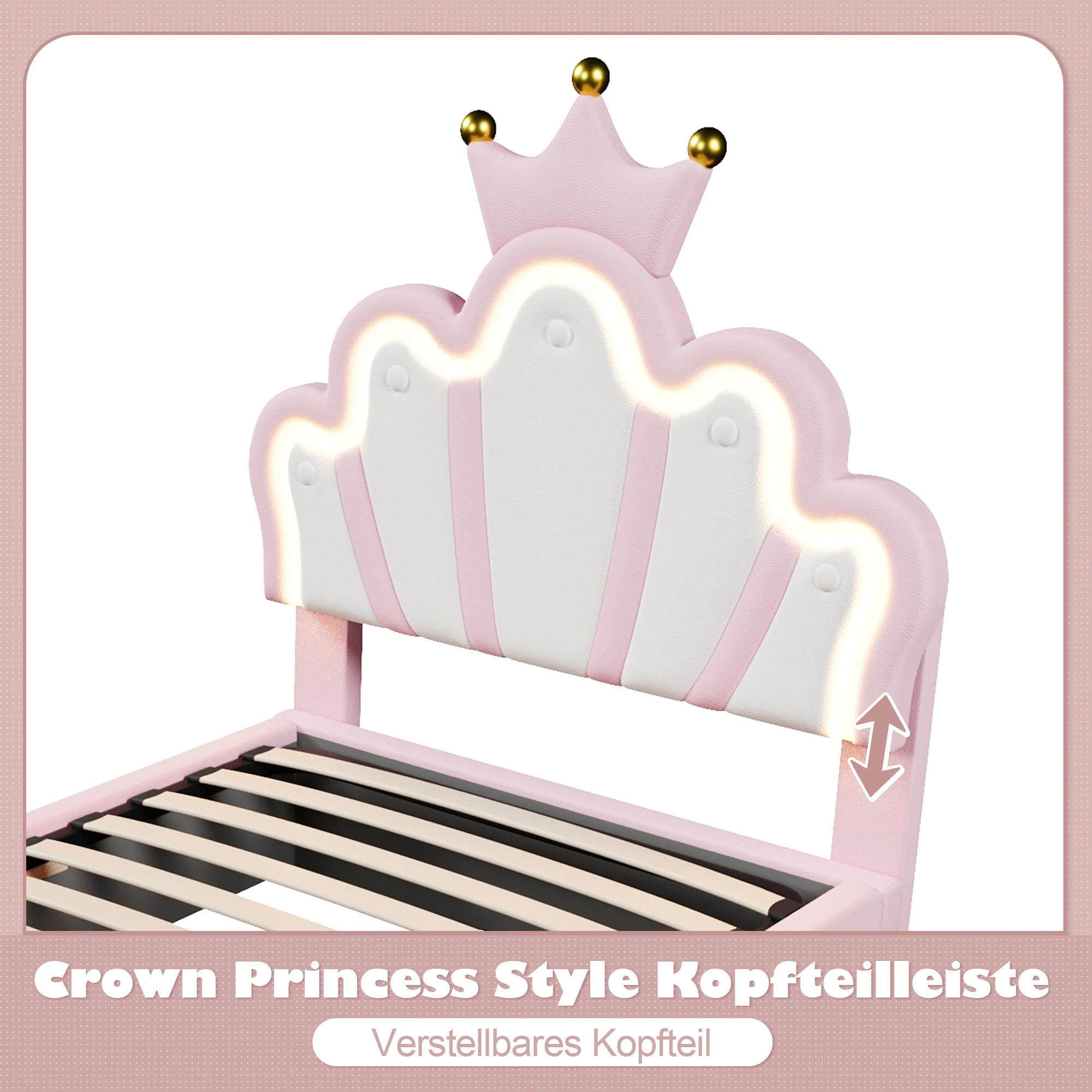 Upholstered Bed 90x200cm Hydraulic Storage LED Crown Shape Adjustable Headboard - PU Pink - Image 3