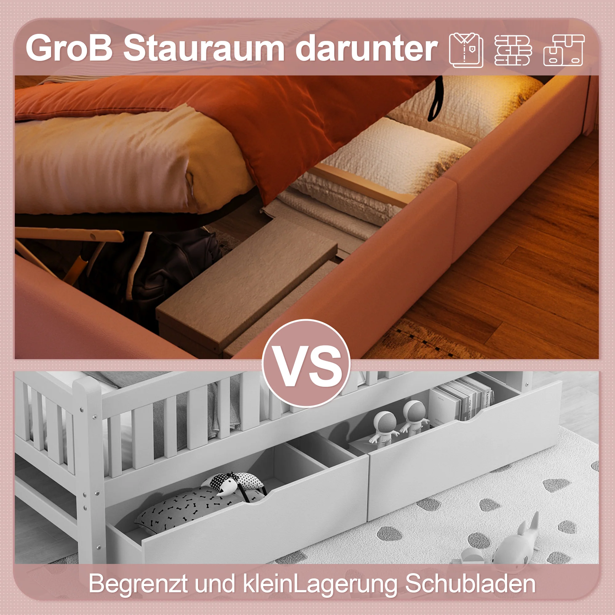 Upholstered Bed 90x200cm Hydraulic Storage LED Crown Shape Adjustable Headboard - PU Pink - Image 4