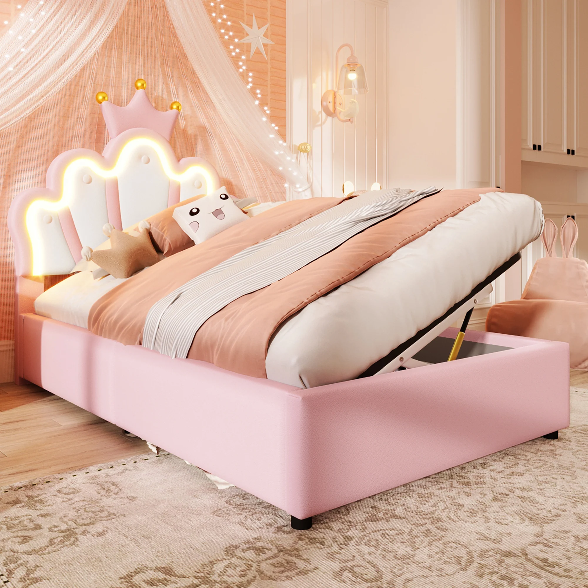 Upholstered Bed 90x200cm Hydraulic Storage LED Crown Shape Adjustable Headboard - PU Pink - Image 5
