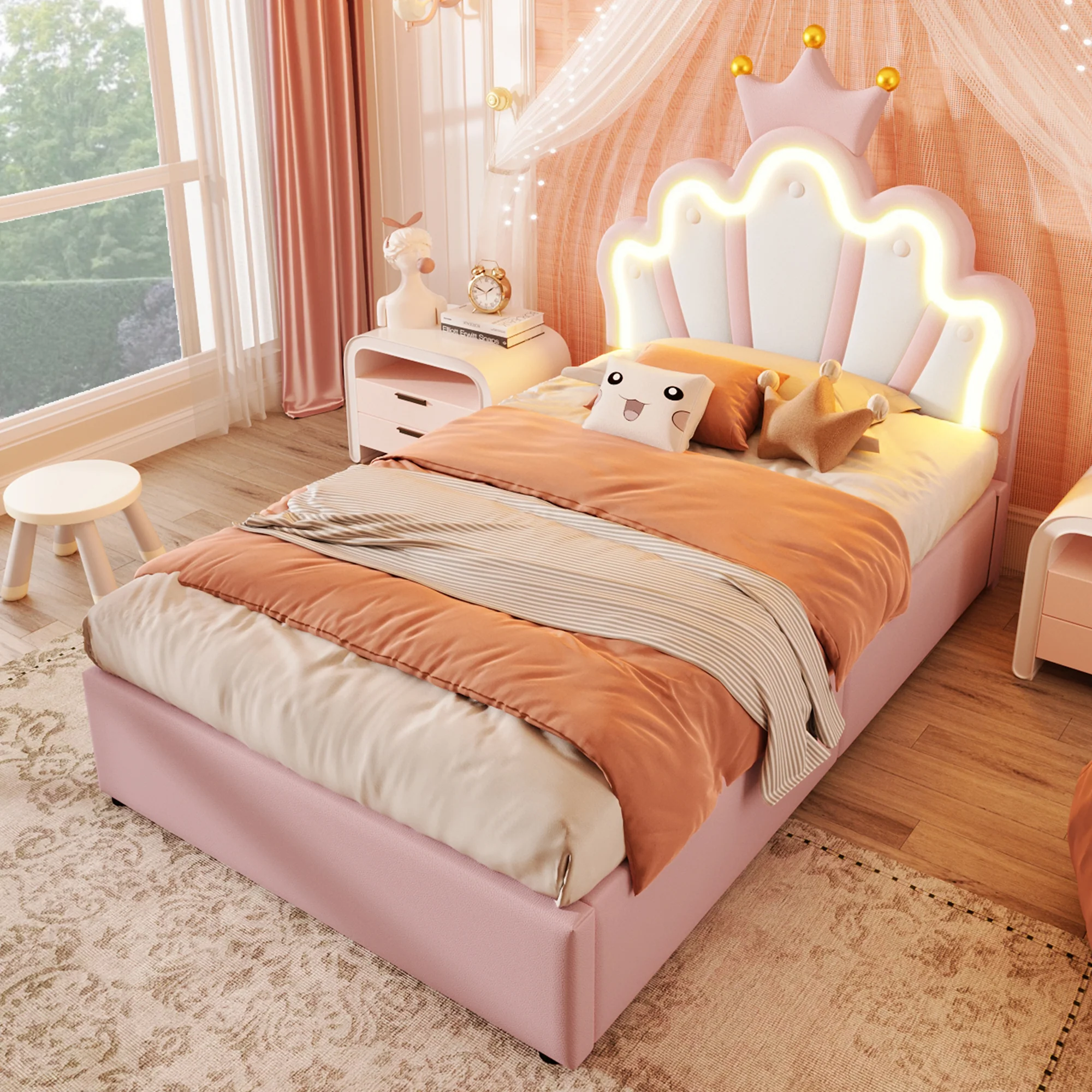 Upholstered Bed 90x200cm Hydraulic Storage LED Crown Shape Adjustable Headboard - PU Pink - Image 6