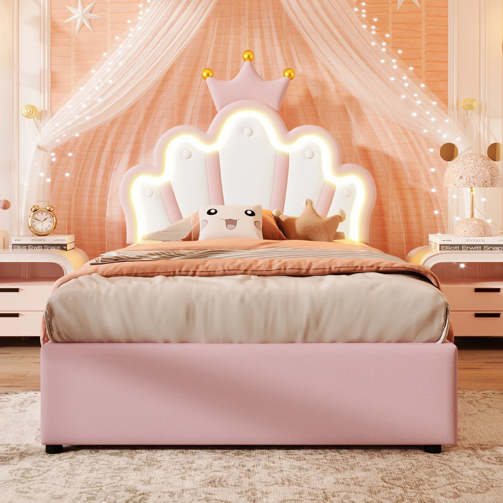 Upholstered Bed 90x200cm Hydraulic Storage LED Crown Shape Adjustable Headboard - PU Pink - Image 7