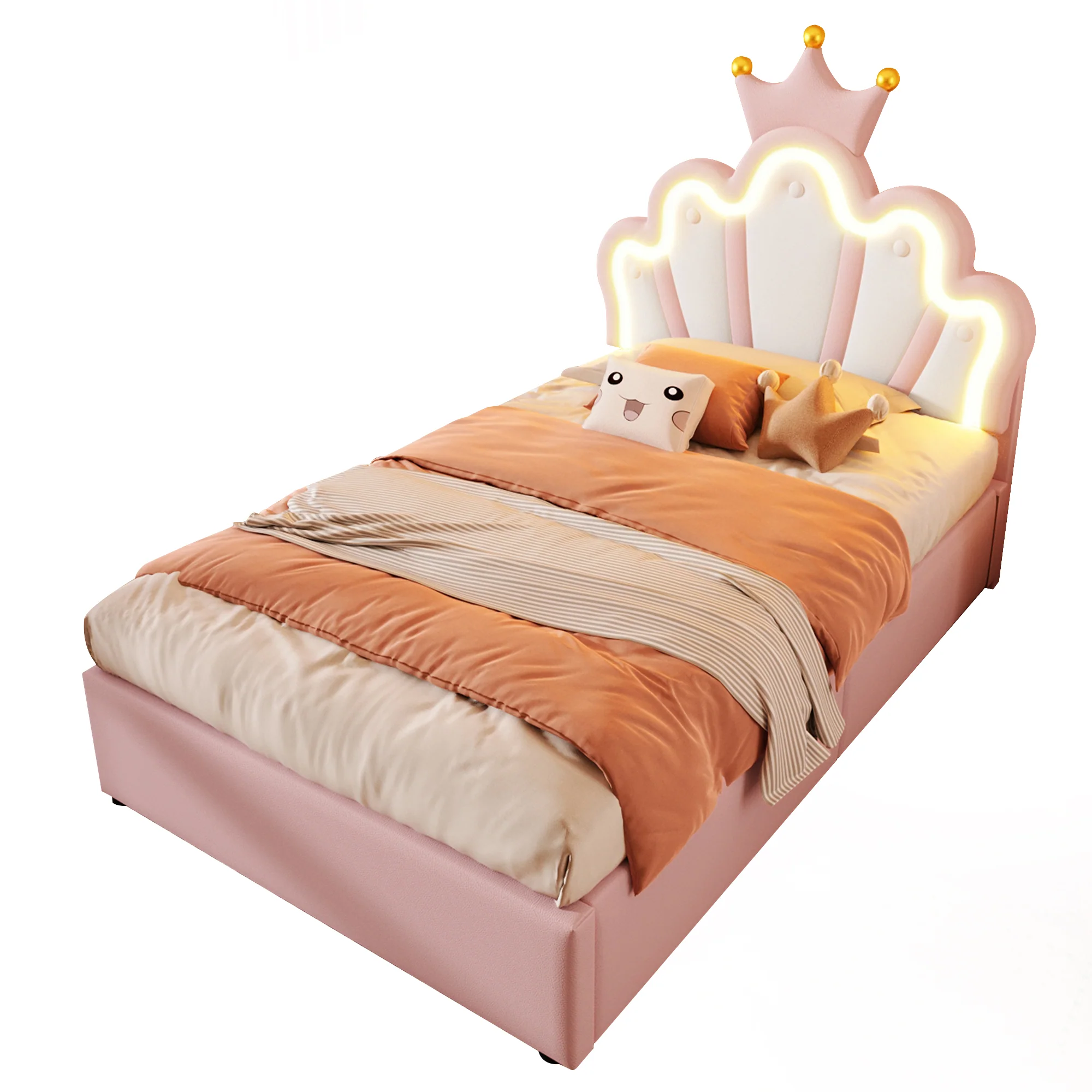 Upholstered Bed 90x200cm Hydraulic Storage LED Crown Shape Adjustable Headboard - PU Pink - Image 8