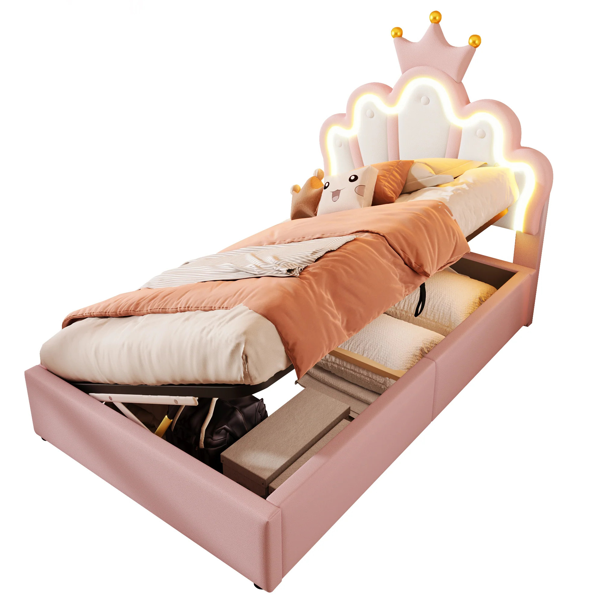 Upholstered Bed 90x200cm Hydraulic Storage LED Crown Shape Adjustable Headboard - PU Pink - Image 9